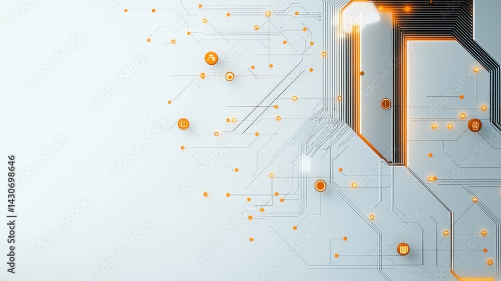 Poster abstract illustration of technology with orange circuit patterns and glowing elements.