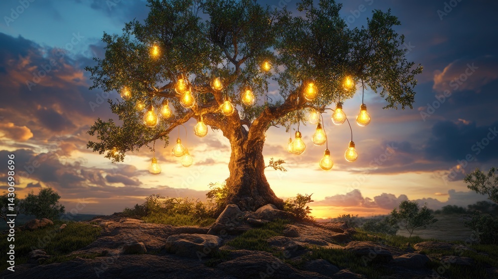 Aufkleber a surreal tree with glowing lightbulbs in place of leaves under a sunset sky
