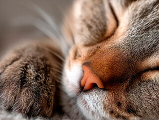 Extreme close-up of a sleeping cat&rsquo;s nose and paw with detailed fur texture and soft peaceful atmosphere