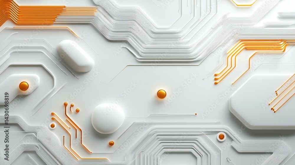 Poster abstract technological background with white and orange circuit patterns.