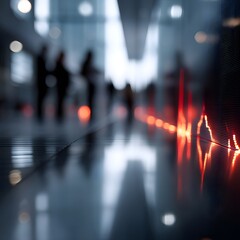 Abstract Blurred Business People Walking Modern Office Lobby Red Light Display