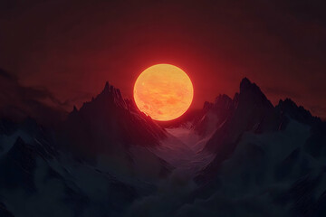 Dramatic nocturnal landscape featuring a fiery orange moon behind majestic mountains.