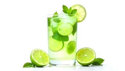 Fresh Mojito cocktail with lime, mint and ice isolated on white background