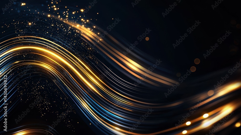 Poster abstract waves of golden light and sparkling particles on a dark background.
