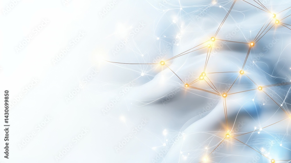 Poster abstract network design with glowing nodes and soft blue hues.