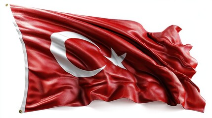 This Turkey flag showcases a vibrant red field with a prominent white star and crescent. It is isolated against a plain white background, emphasizing its colors and design