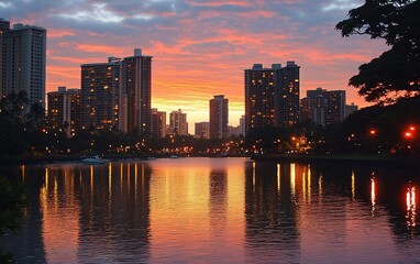 Fototapeta premium A city skyline at dusk with a reflecting lake and vibrant sky