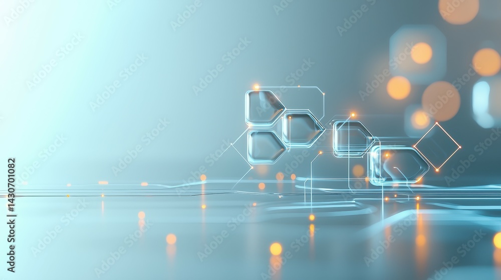 Poster abstract futuristic design with glowing hexagons and soft bokeh effects.