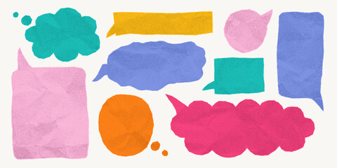 Set of bright colored speech bubbles made of crumpled paper, isolated for banner use. Dialogue balloons with gritty dotted texture, halftone effect, torn notebook edges.