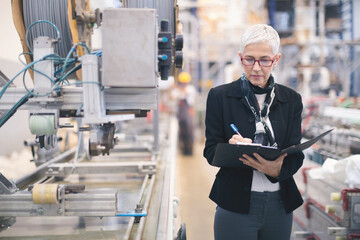 Quality inspectors team and workers at factory using machines