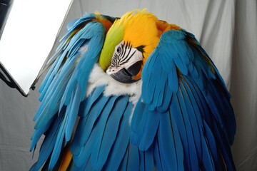 Obraz premium Magnificent Blue and Yellow Macaw Displaying Vibrant Wing Feathers in a Studio With Bright White Lighting Generative AI