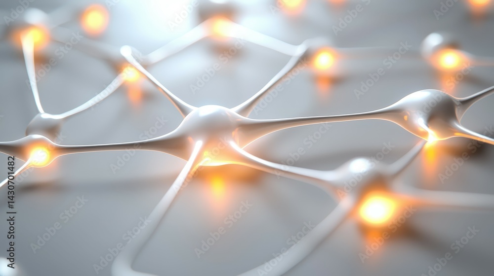 Poster abstract 3d rendering of a neural network with glowing nodes.