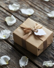Charming mockup of a small gift box with a hand-tied ribbon and custom tag, styled on a rustic wooden table surrounded by delicate flower petals — perfect for presenting packaging or gift design.