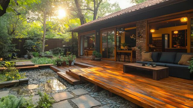 Stylish wooden deck surrounded by lush greenery in a cozy backyard with sunlight creating a warm and inviting ambiance