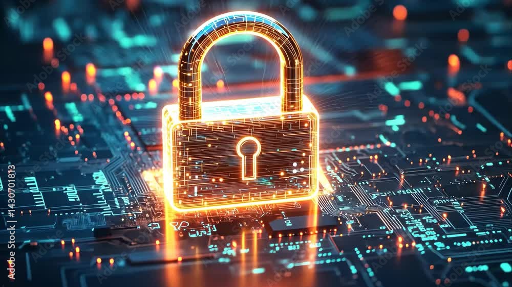 Poster cyber security concept featuring a glowing padlock on a digital background filled with computer circ