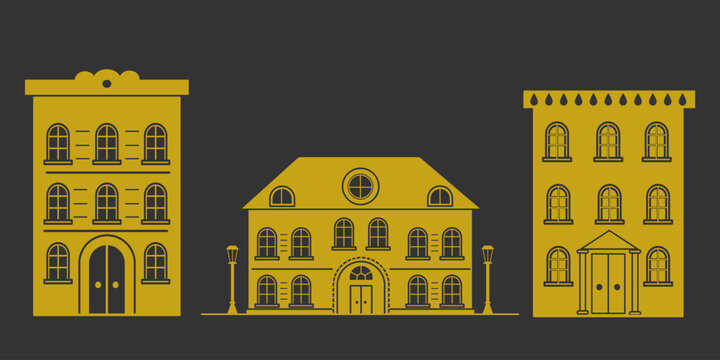 classic old houses - mansions with columns and high French windows. 18th 19th victorian style house, old fashioned building. Rent, development logotype