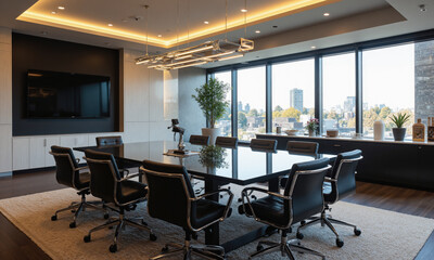 High-end modern conference room with a black glass conference table, leather chairs, and integrated multimedia system. Feature a motorized projection