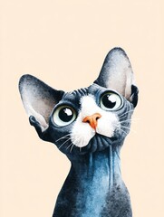 A sphynx cat displays its unique features with large, expressive eyes and a curious expression. The background is a soft, neutral tone which highlights the cat's distinctive appearance