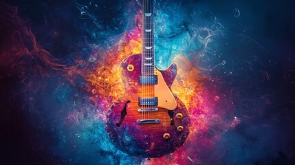 A striking, vibrant guitar surrounded by colorful, swirling energy, a visual symphony of music and art