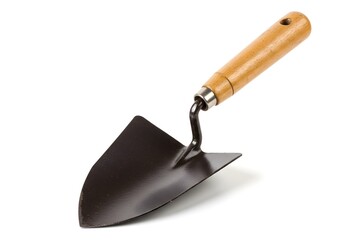 Small black metal trowel with wooden handle