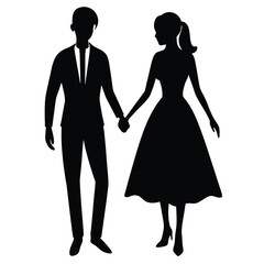 Elegant Wedding Couple Holding Hands Silhouette Illustration Isolated On White.