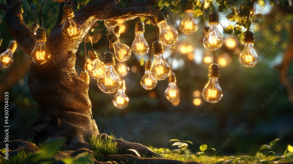 Poster artistic scene of a glowing tree covered in warm lightbulbs representing ideas