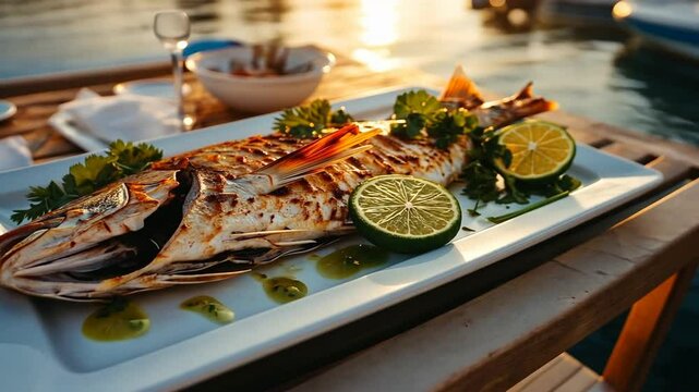 Grilled fish dinner with citrus and herbs by the sea
