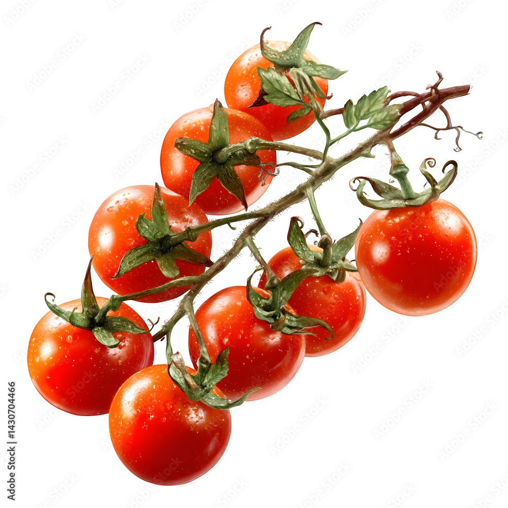 Poster cluster of cherry tomatoes on vine isolated on transparent background