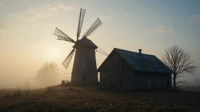 Ethereal Morning Mist Envelops Historic Windmill and Barn on Rural Landscape, Peaceful Scene