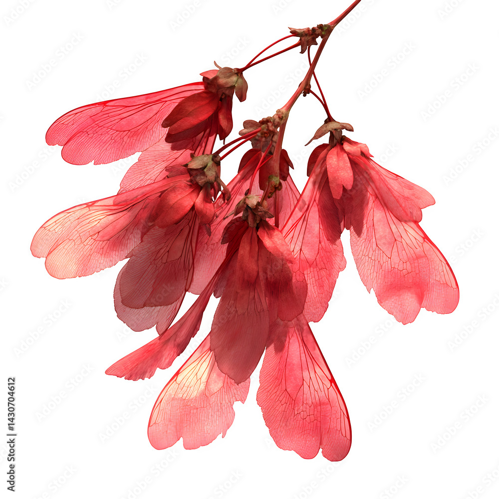 Poster cluster of red maple samaras spinning wings isolated on transparent background