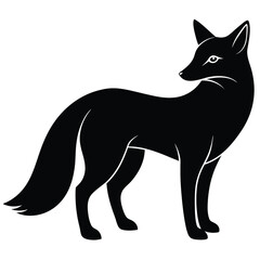 Elegant Black Fox Silhouette Standing On White Background Vector Illustration.