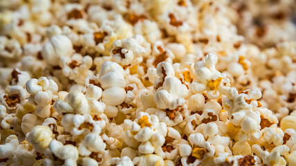 Heap of fluffy popcorn close-up showing white textured kernels with golden-brown patches.