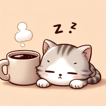 Kitten sleeping next to a mug of coffee