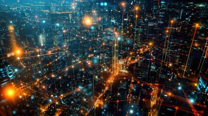 Obraz premium Night city network connections, aerial view, glowing lights, data flow, technology concept