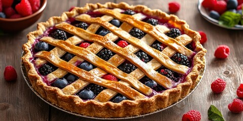 A freshly baked mixed berry pie with a golden lattice crust, filled with juicy blueberries, raspberries, and blackberries