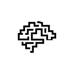 A pixelated brain illustration; a stylized simplified brain shape composed of black squares against a white background.