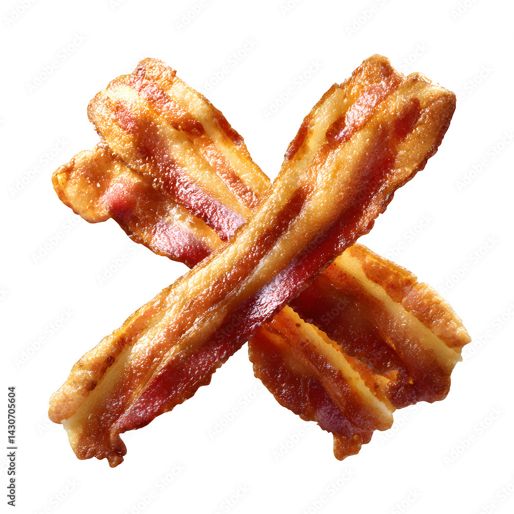 Poster crispy bacon strips crossed x-shape isolated on transparent background