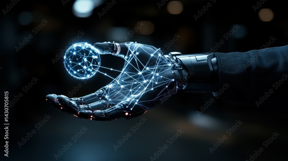 Poster a robotic hand holding a glowing neural network sphere in a dark environment.