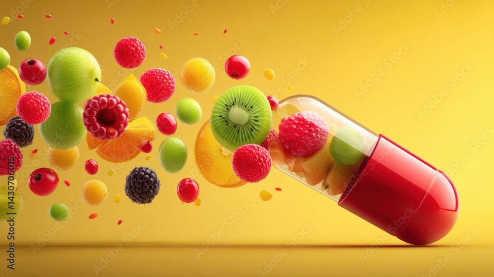 Aufkleber fruits in vibrant motion surrounding a vitamin capsule create a dynamic and colorful display of heal