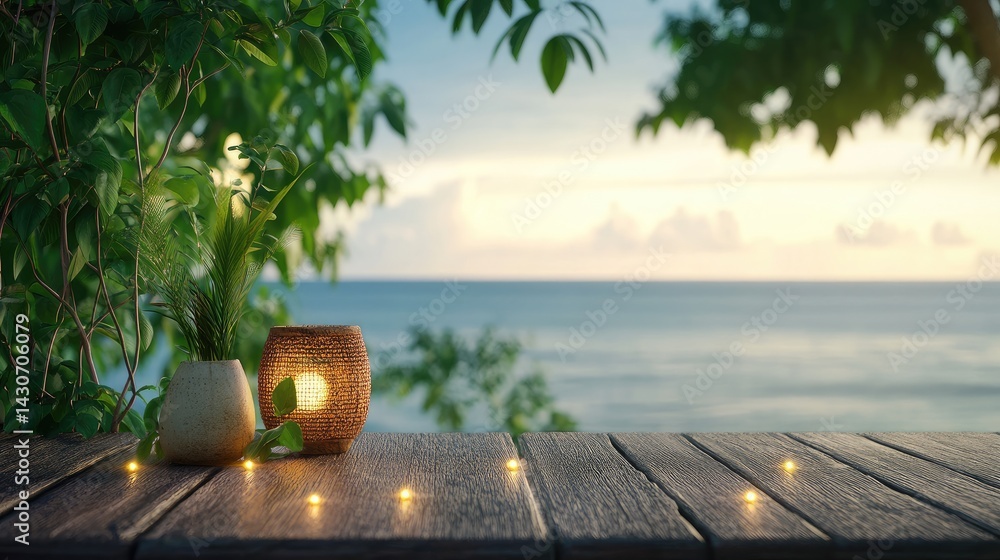 Poster bamboo terrace overlooking a still ocean, with ambient bokeh lights creating a calm beach vibe