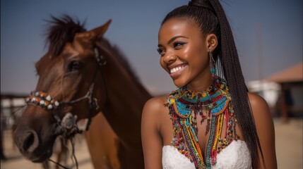 Obraz premium A joyful South African woman wearing colorful traditional jewelry smiles brightly next to a horse in an outdoor setting, showcasing cultural heritage amid clear skies