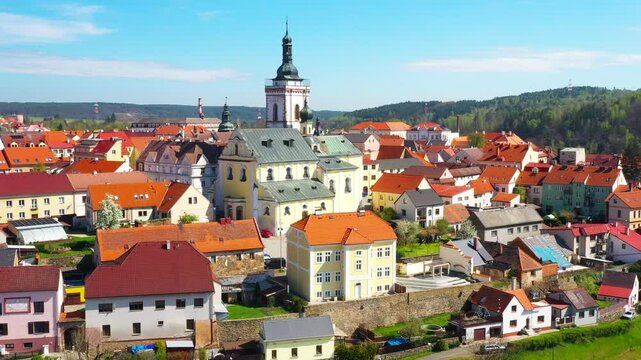 Aerial view to historic center of Stribro town. Medieval city from 12th century. It has about 8,100 inhabitants. Amazing tourist destination near Slavkovsky les. Czech Republic, Central Europe.