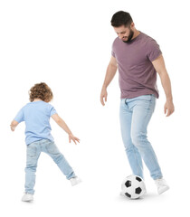 Happy father and his son playing football on white background