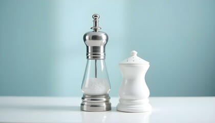 pepper; mill; white; isolated; shaker; spice; kitchen; food; cooking; seasoning; glass; ingredient; condiment; background; flavor; metal; closeup; container; grinder; pair;