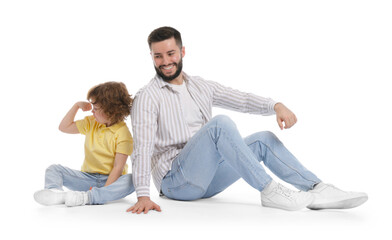 Happy father and his son on white background