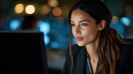 Obraz premium A dedicated professional intently analyzes data at her desk in a dimly lit office. The atmosphere is enhanced by the soft glow of screens reflecting her concentration
