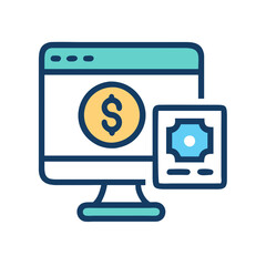 Online Banking Icon: Computer with Dollar and Cash