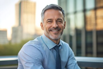 Fototapeta premium A man in a blue shirt and tie smiles while leaning by a window