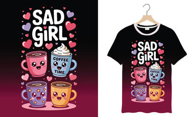Sad Girl Coffee Time T-Shirt Design with Cute Mugs