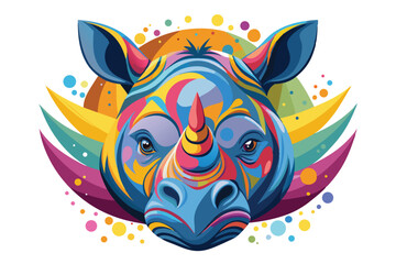 Colorful artistic rhinoceros face   colorful paint splatters on white background.